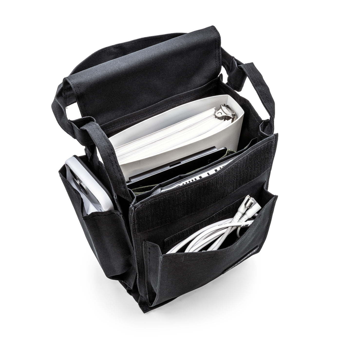 FlyBoys Regular Pubs Bag expanded with charts, binders, and flight gear