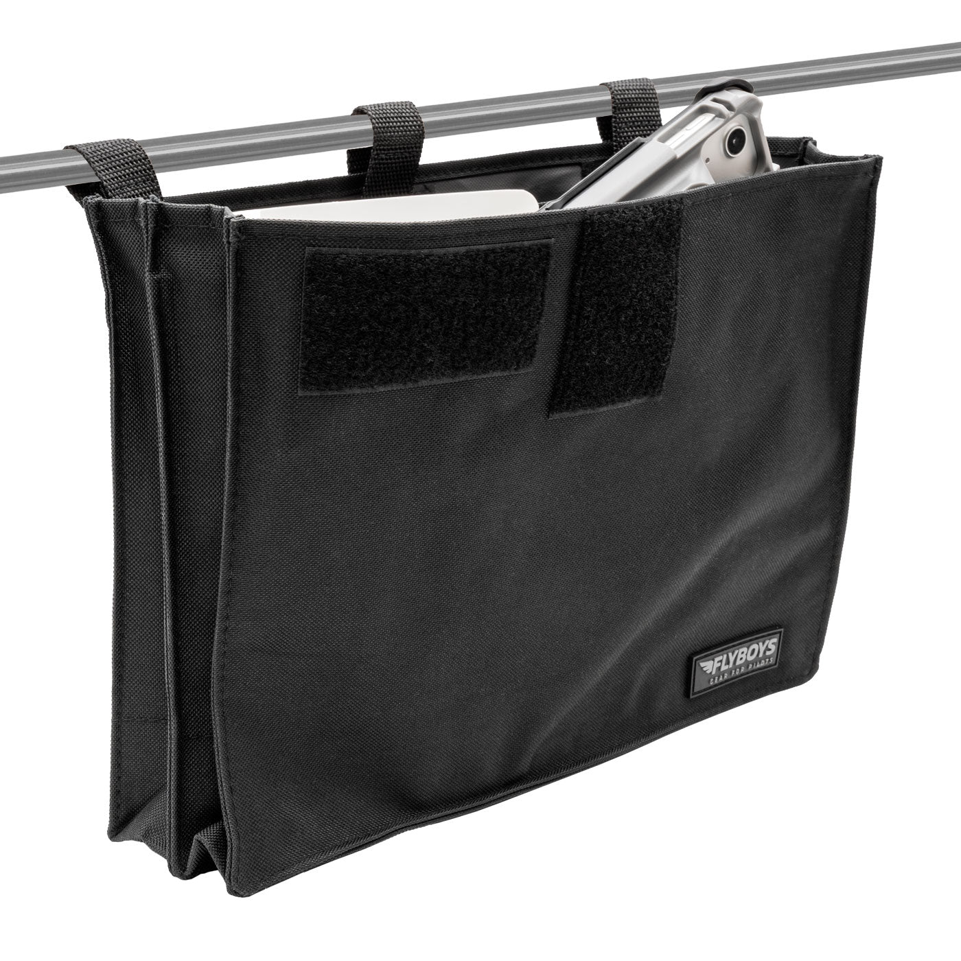 FlyBoys C-17 Console Pubs Bag FB1022 military flight crew publication storage bag for C-17A Globemaster aircraft, hanging with contents