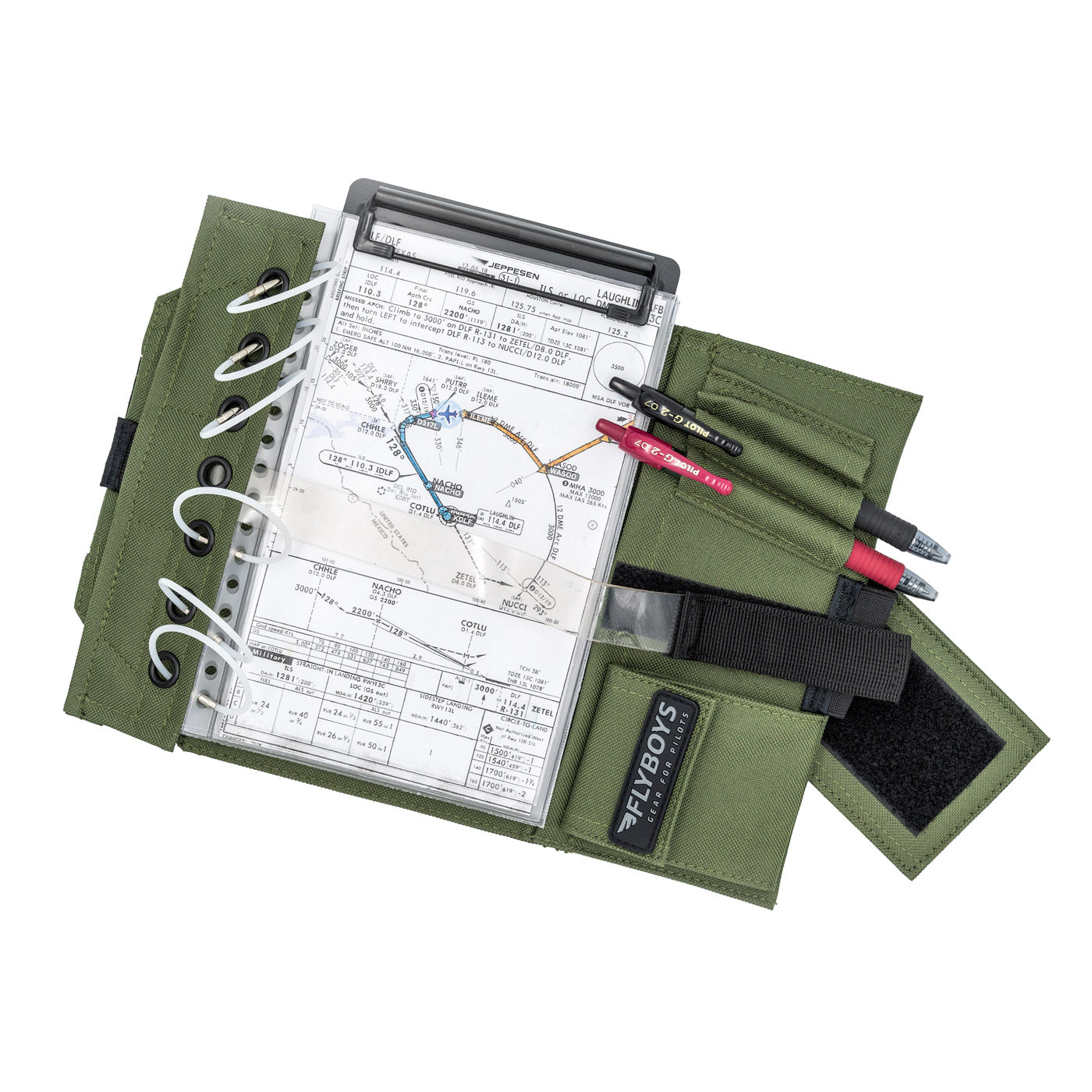 FlyBoys Classic Pilot Kneeboard olive green version with clipboard and charts