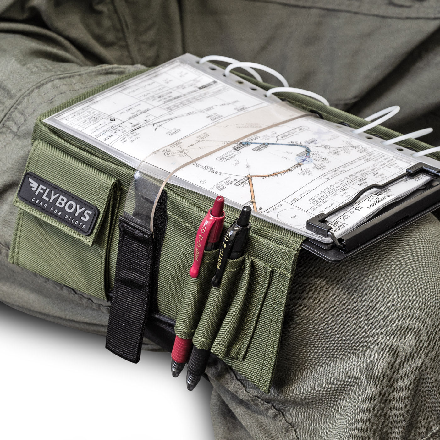 FlyBoys Classic Pilot Kneeboard loaded with flight charts and approach plates