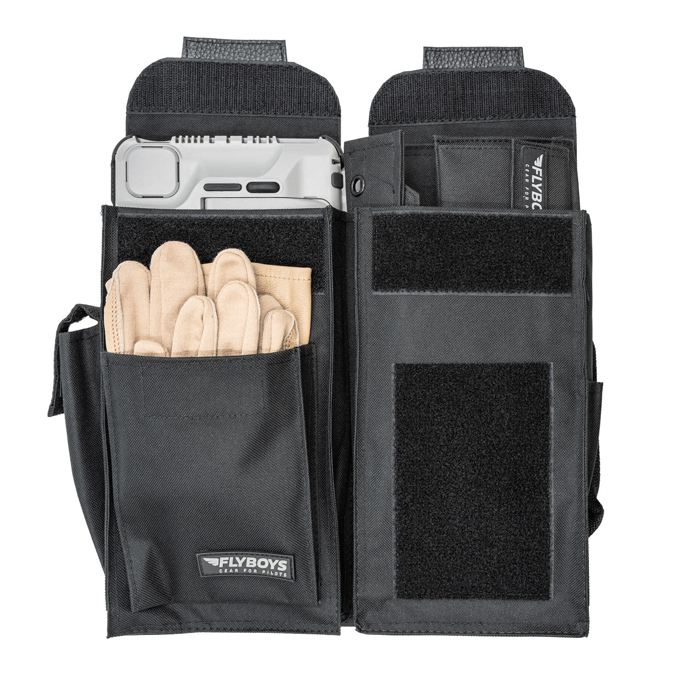 FlyBoys T-6 NavMaster SaddleBag FB4490T6 cockpit publication organizer for T-6 Texan II student and instructor pilots, open with gloves