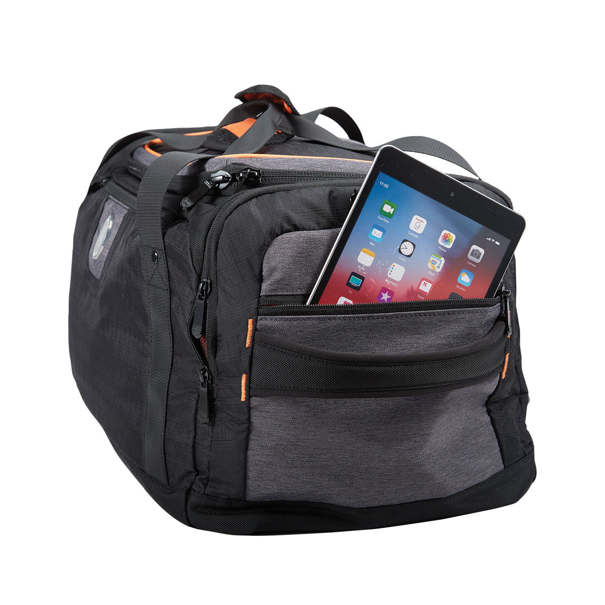 Right side view of Flight Outfitters Crew Duffel Bag with tablet in pocket