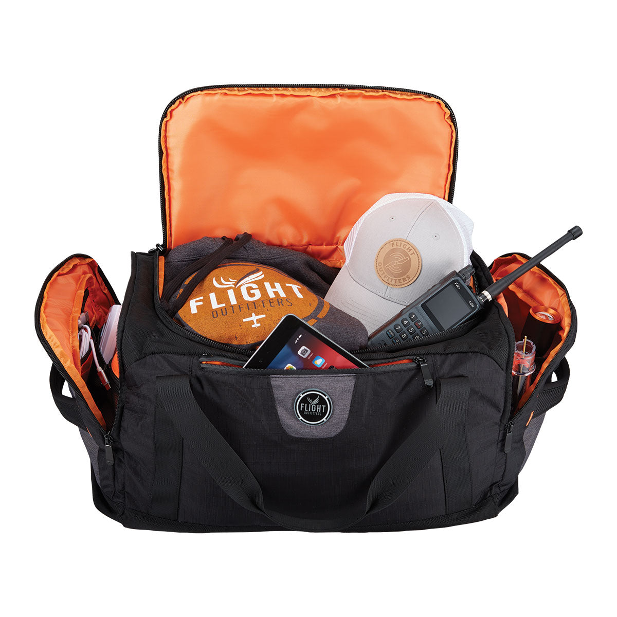 Front view of Flight Outfitters Crew Duffel Bag with pockets open for storage