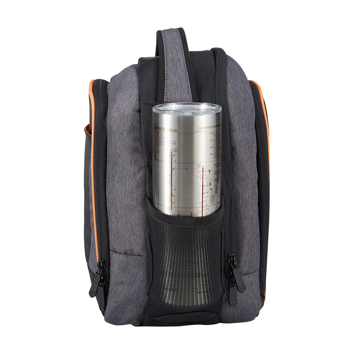 Right side view of Flight Outfitters Lift Flight Bag 2.0 with coffee cup in side pocket