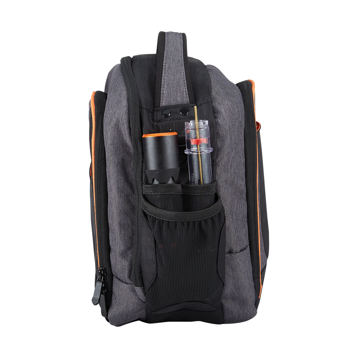 Left side view of Flight Outfitters Lift Flight Bag 2.0 with fuel tester and flashlight in side pocket
