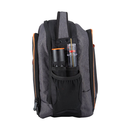 Left side view of Flight Outfitters Lift Flight Bag 2.0 with fuel tester and flashlight in side pocket