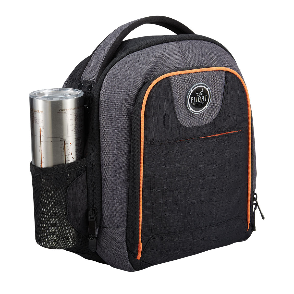 Left angle view of Flight Outfitters Lift Flight Bag 2.0 with coffee cup in side pocket