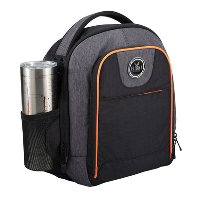 Left angle view of Flight Outfitters Lift Flight Bag 2.0 with coffee cup in side pocket