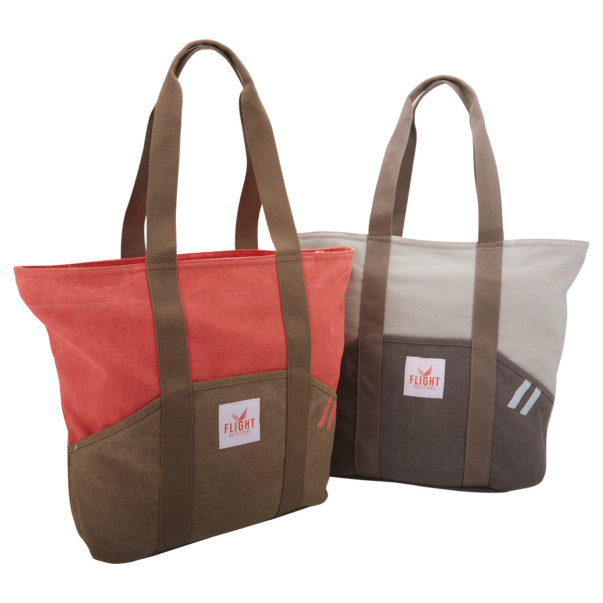 Flight Outfitters Tote Bags in Grey and Orange, side by side