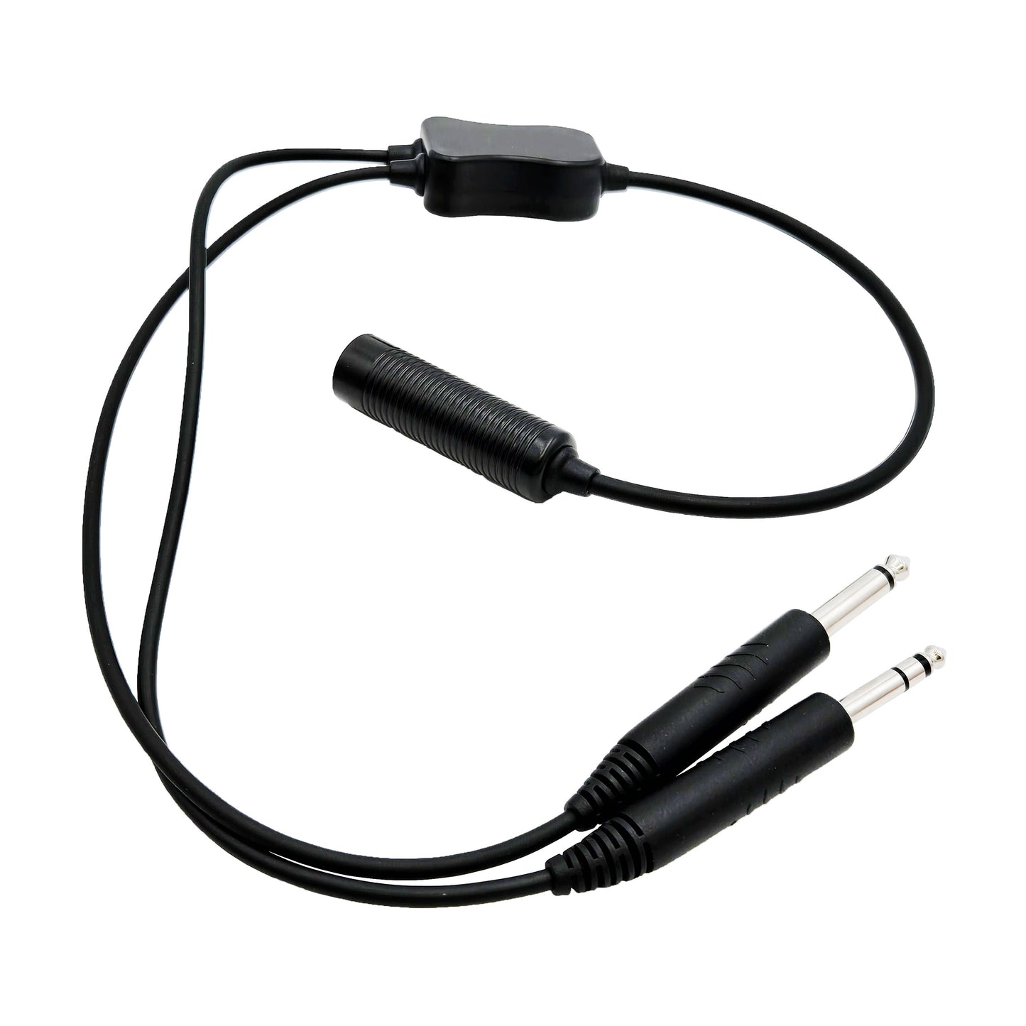 Full view of Faro Aviation R-FAR-620 low to high impedance adapter cable showing dual GA plugs and single input jack