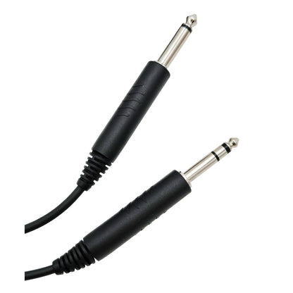 Close-up of Faro Aviation R-FAR-620 adapter cable showing two 1/4-inch GA-style metal plugs for aircraft headset connection.