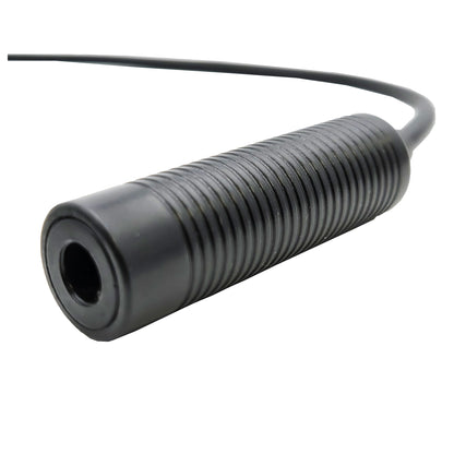 Close-up of Faro Aviation low to high impedance adapter ribbed black female input jack showing circular socket opening.