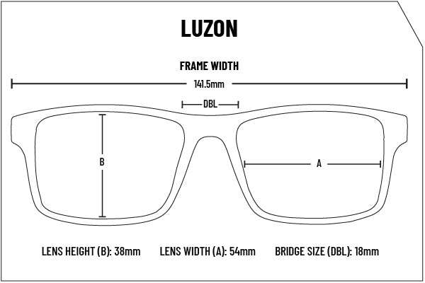 Flying Eyes Luzon eyeglasses frame sizing chart showing 141.5 mm frame width, 54 x 38 mm lenses, 18 mm bridge and 150 mm temples