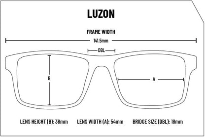 Flying Eyes Luzon eyeglasses frame sizing chart showing 141.5 mm frame width, 54 x 38 mm lenses, 18 mm bridge and 150 mm temples
