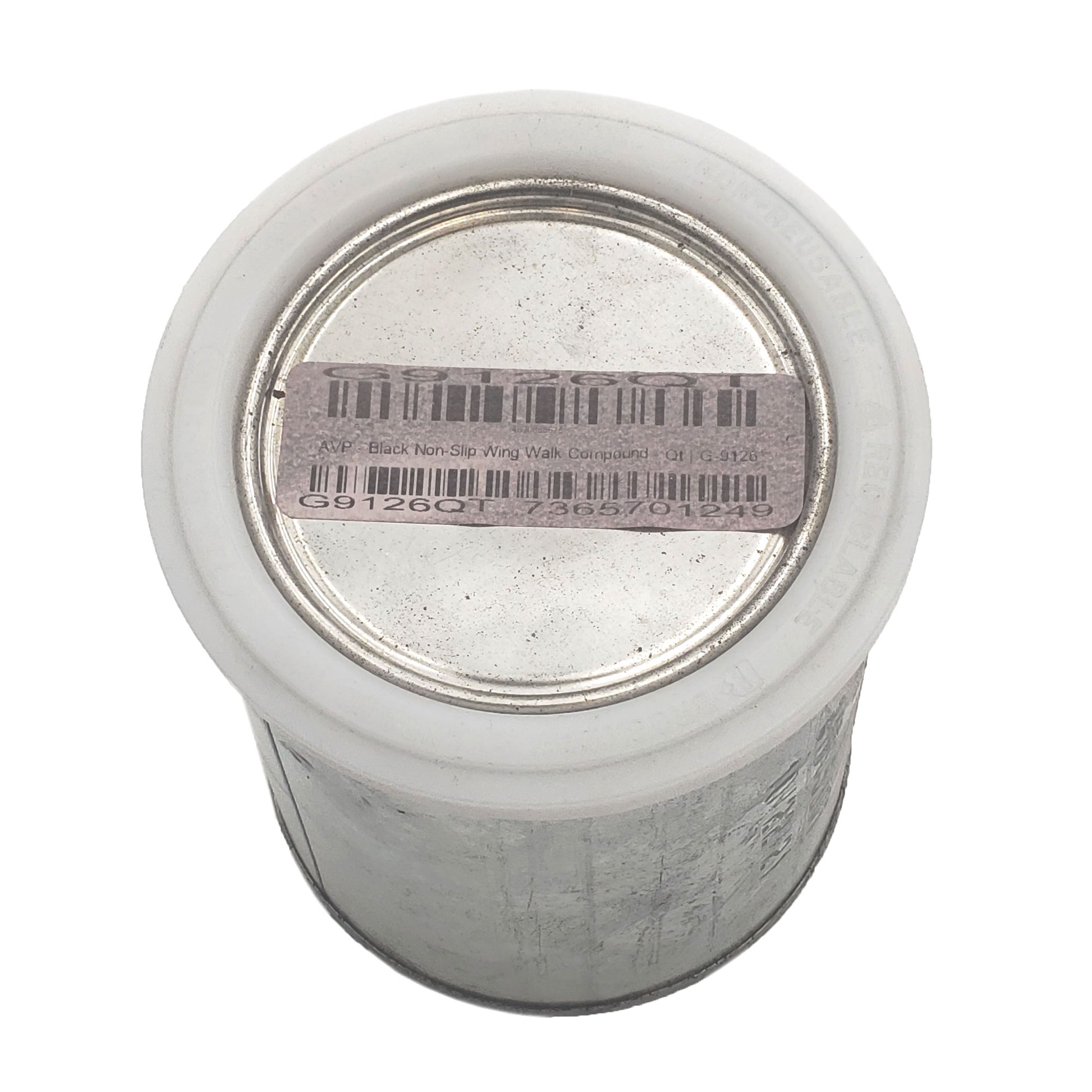 Top view of AVP black non-slip wing walk compound quart can showing sealed metal lid, product identification label, and barcodes.