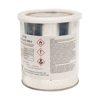 Safety label on AVP black non-slip wing walk compound showing GHS hazard symbols, flammable liquid warnings, health risks, and first-aid instructions