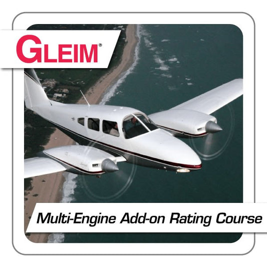 Small airplane over water with Gleim logo and text about a multi-engine add-on rating course.