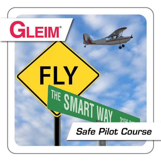 Advertisement for Gleim Safe Pilot Course with airplane and road signs against a blue sky.