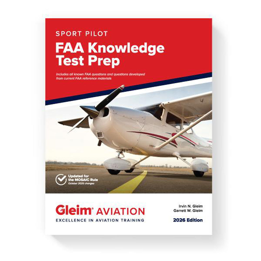 Book titled 'Sport Pilot FAA Knowledge Test Prep' by Gleim Aviation with an airplane on the cover.