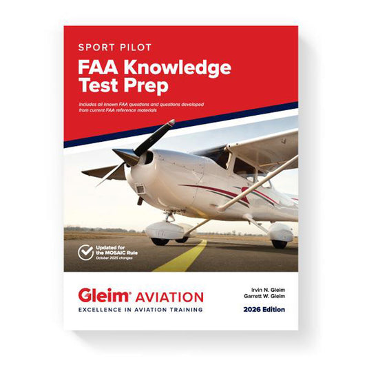 Book titled 'Sport Pilot FAA Knowledge Test Prep' by Gleim Aviation with an airplane on the cover.