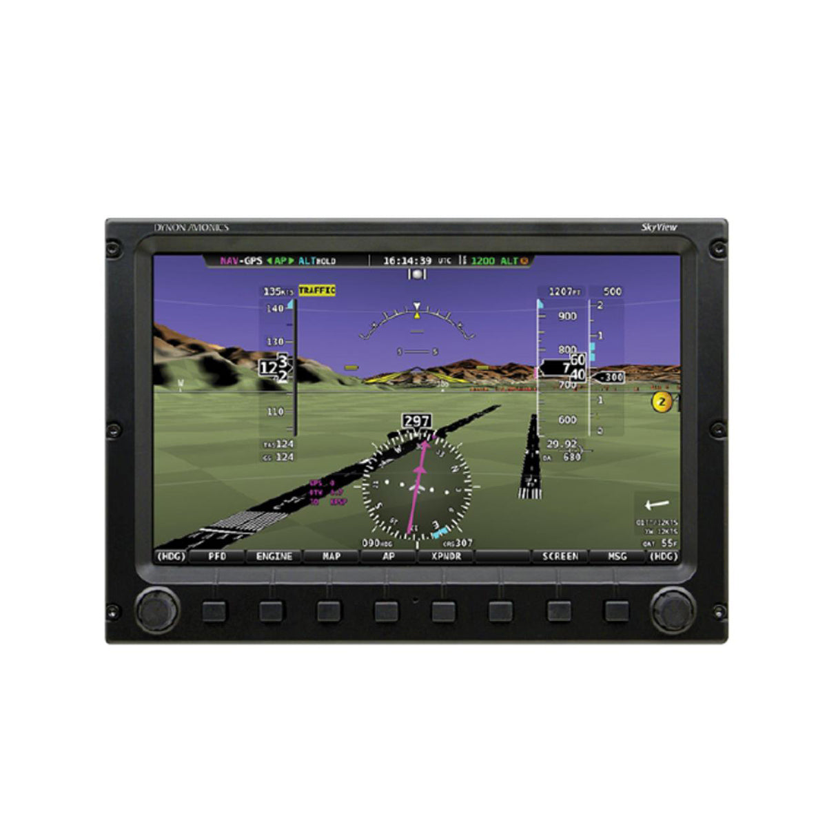 Digital display screen with aviation navigation software on a white background