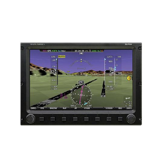 Digital display screen with aviation navigation software on a white background