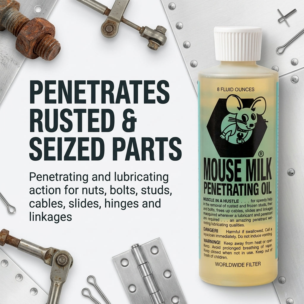 A bottle of Mouse Milk Penetrating Oil stands on a white metal surface surrounded by rusted and metal hardware. Large text on the left reads 'PENETRATES RUSTED & SEIZED PARTS' with descriptive copy below.