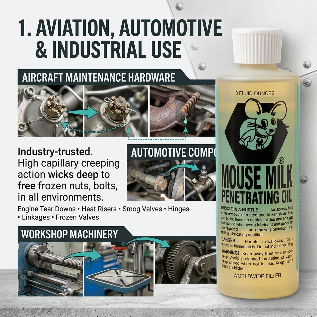 A bottle of Mouse Milk Penetrating Oil shown on a metallic industrial background with promotional text and small application photos for aircraft, automotive, and workshop machinery.