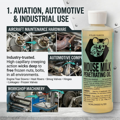 A bottle of Mouse Milk Penetrating Oil shown on a metallic industrial background with promotional text and small application photos for aircraft, automotive, and workshop machinery.