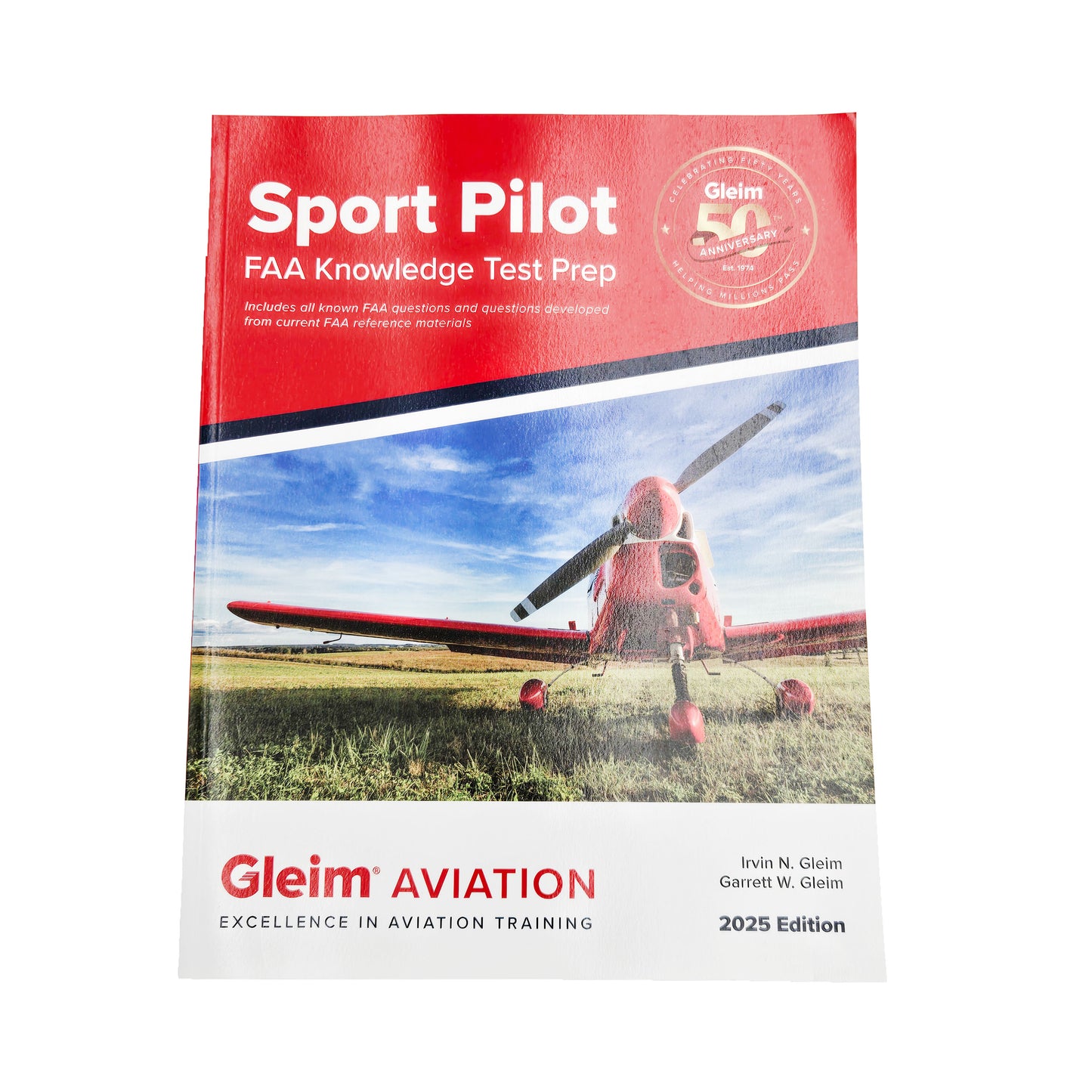 Front cover of Gleim Sport Pilot FAA Knowledge Test Prep 2025 Edition featuring red low-wing airplane on grassy runway under blue sky.