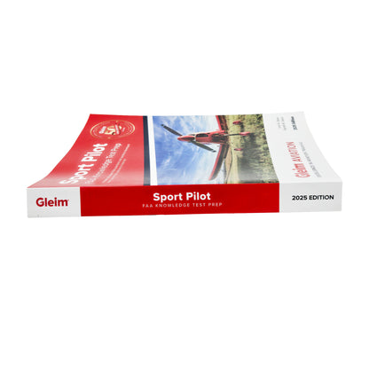 Spine view of Gleim Sport Pilot FAA Knowledge Test Prep 2025 Edition showing red and white book spine with title and branding.”
