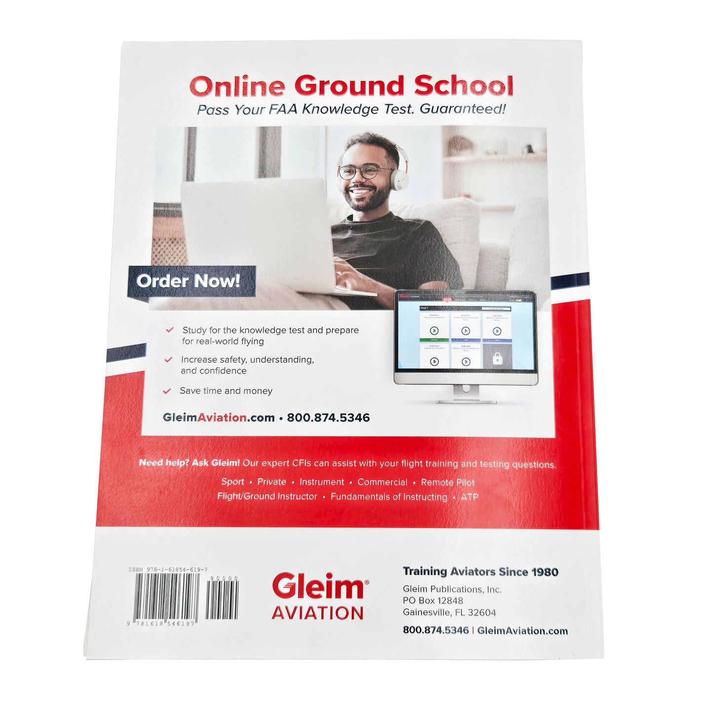 Back cover of Gleim Sport Pilot FAA Knowledge Test Prep 2025 Edition promoting online ground school with study benefits and image of student using laptop