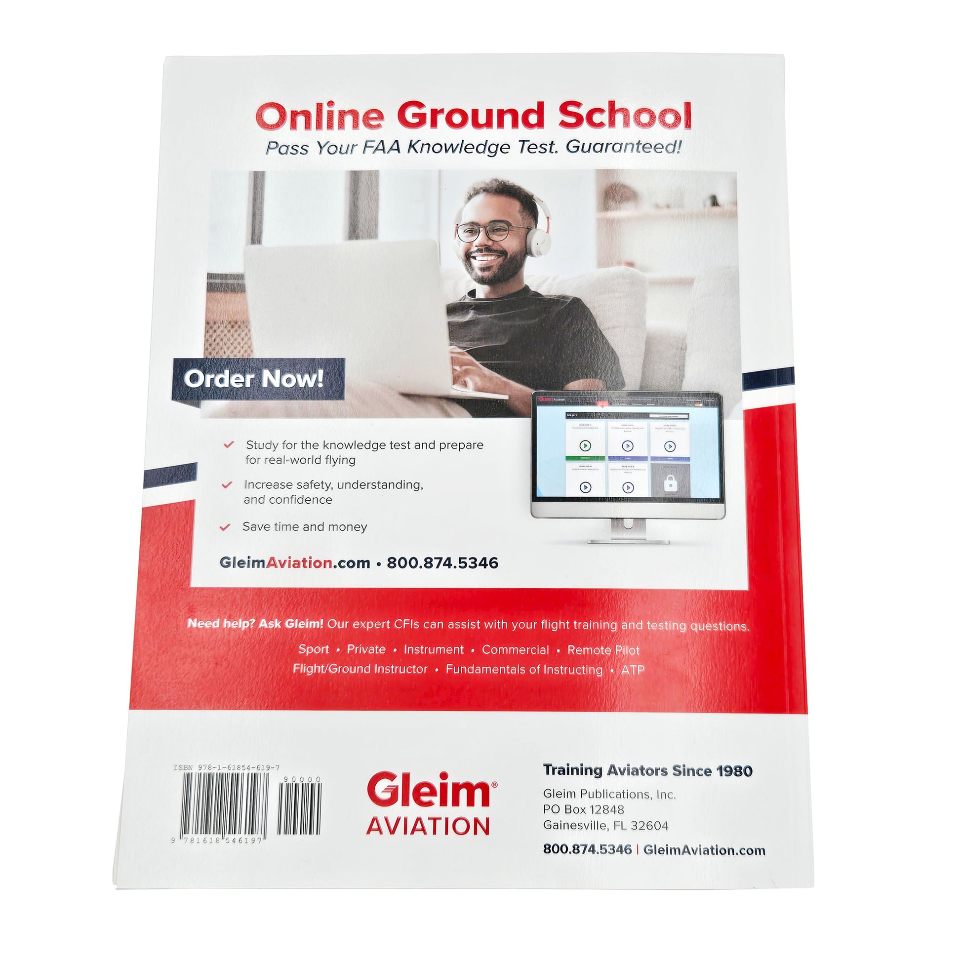 Back cover of Gleim Sport Pilot FAA Knowledge Test Prep 2025 Edition promoting online ground school with study benefits and image of student using laptop