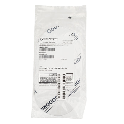 Packaged Goodrich Fastpatch large oval repair patches with Collins Aerospace label showing part number 74-451-189-2 and two 5 x 10 inch patches