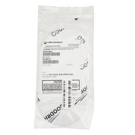 Packaged Goodrich Fastpatch large oval repair patches with Collins Aerospace label showing part number 74-451-189-2 and two 5 x 10 inch patches