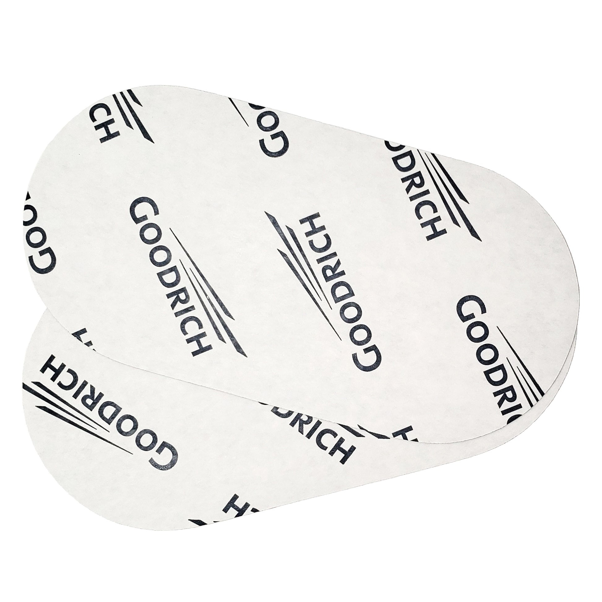 Two Goodrich Fastpatch 5 x 10 inch oval patches showing white paper backing with repeated Goodrich branding