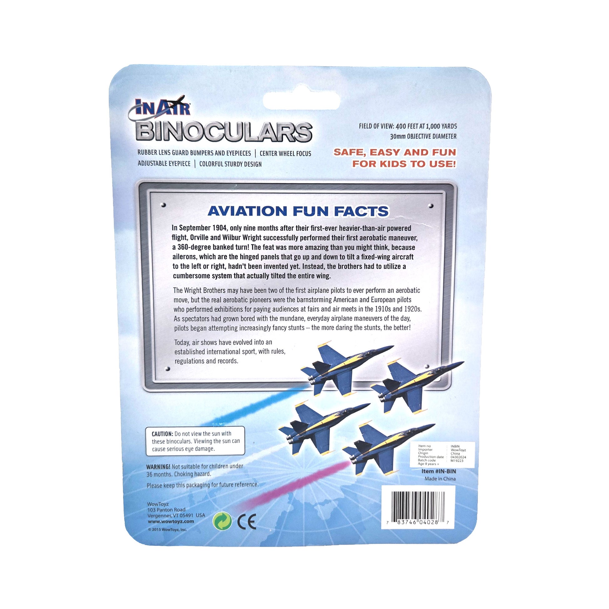 WowToyz® InAir® Airshow Binoculars back view in packaging with product details - lightweight binoculars for kids and aviation fans
