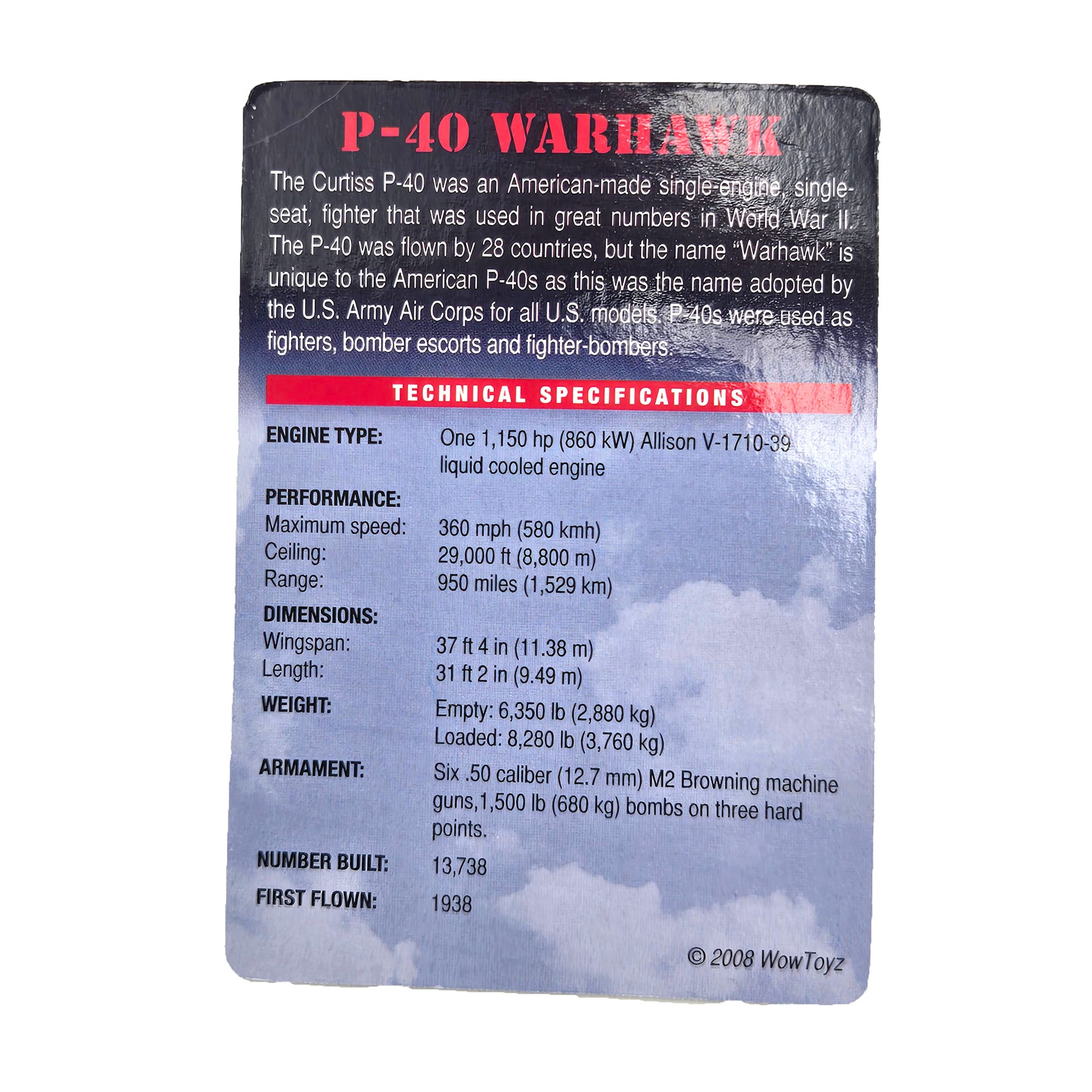 WowToyz P-40 Warhawk Model Kit – Informational Card with Aircraft History and Specs