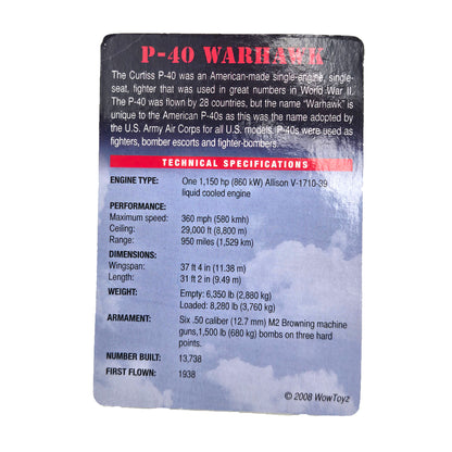 WowToyz P-40 Warhawk Model Kit – Informational Card with Aircraft History and Specs