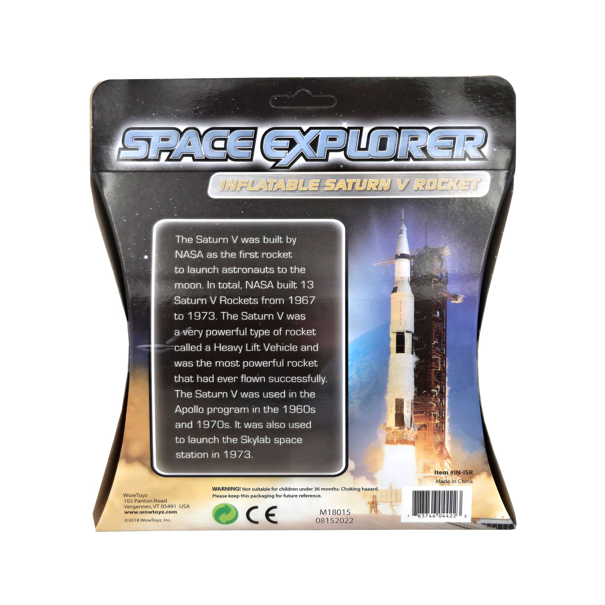 WowToyz® Space Explorer™ Inflatable Saturn V Rocket back view with product details - fun space-themed inflatable toy