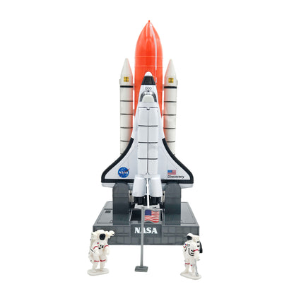 Assembled WowToyz Space Shuttle Launch Center Playset with shuttle on platform, astronauts, and American flag