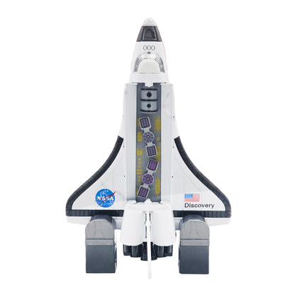 Top-down view of toy Space Shuttle with payload bay doors open showing solar panels and detailed interior