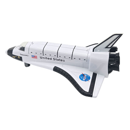 Close-up of toy Space Shuttle Discovery with NASA logo, United States text, and American flag decals