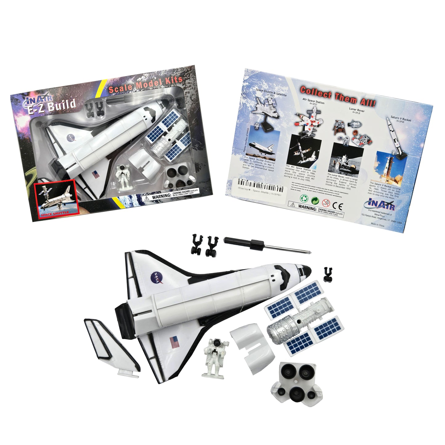 WowToyz® - E-Z Build™  Space Shuttle Model Kit – Front of Packaging, Back of Packaging with Details, and the Unassembled Parts and Instructions