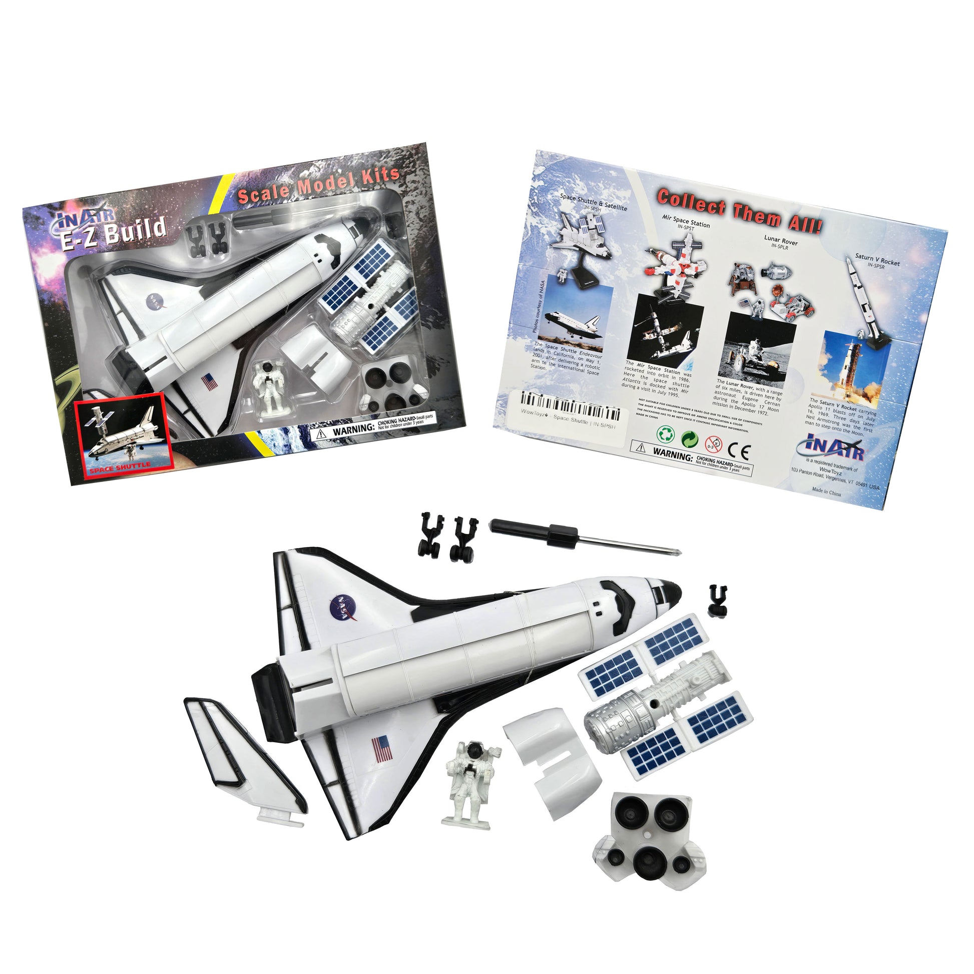 WowToyz® - E-Z Build™  Space Shuttle Model Kit – Front of Packaging, Back of Packaging with Details, and the Unassembled Parts and Instructions
