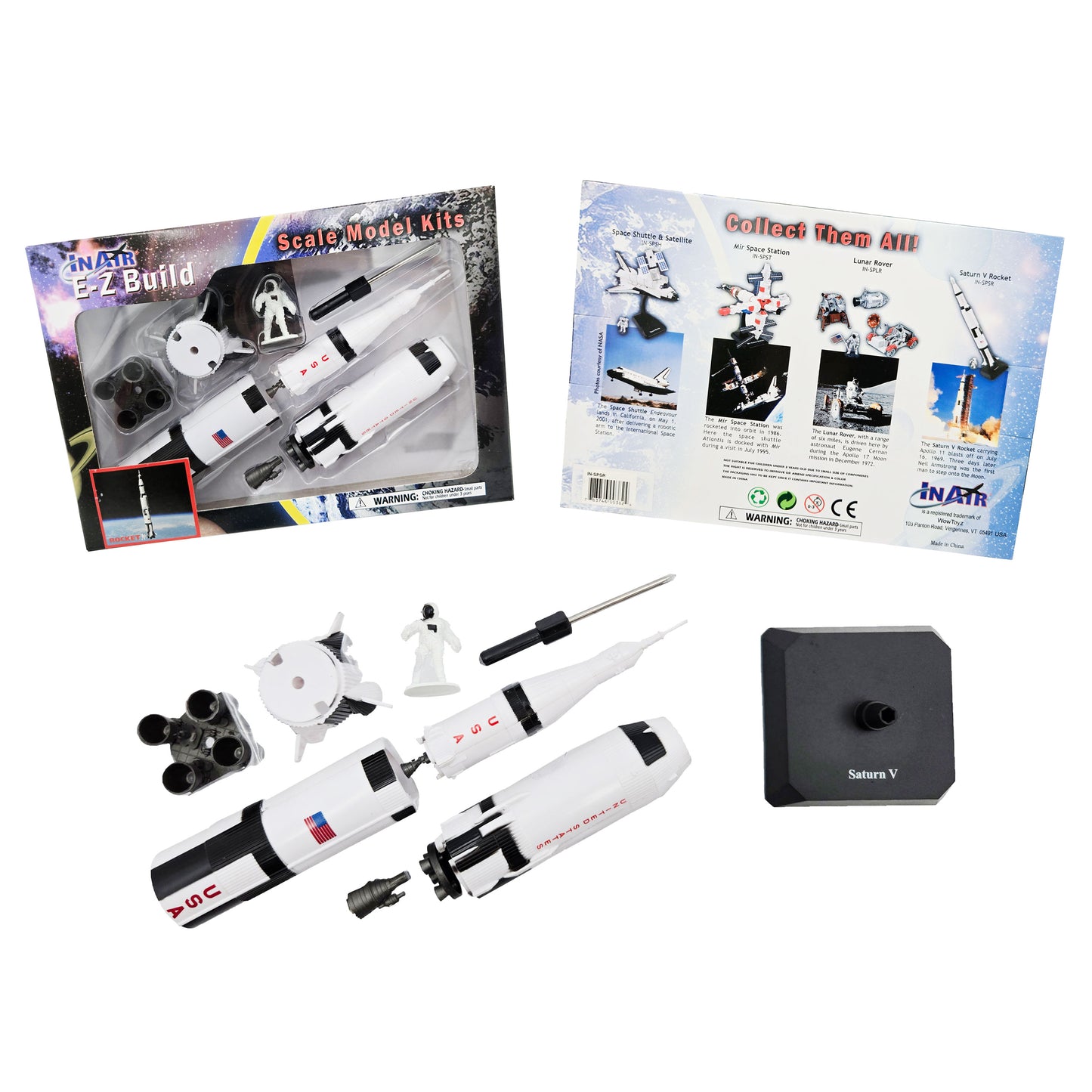 WowToyz® - E-Z Build™ Saturn V Rocket Model Kit - Front Packaging and Back Packaging with Features, and Parts Layout and Instructions