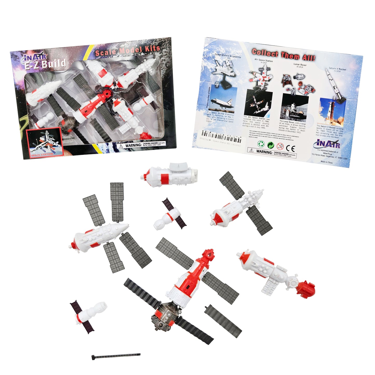WowToyz® - E-Z Build™ Space Station Model Kit - Front Packaging and Back Packaging with Product Info, and Pieces and Assembly Guide
