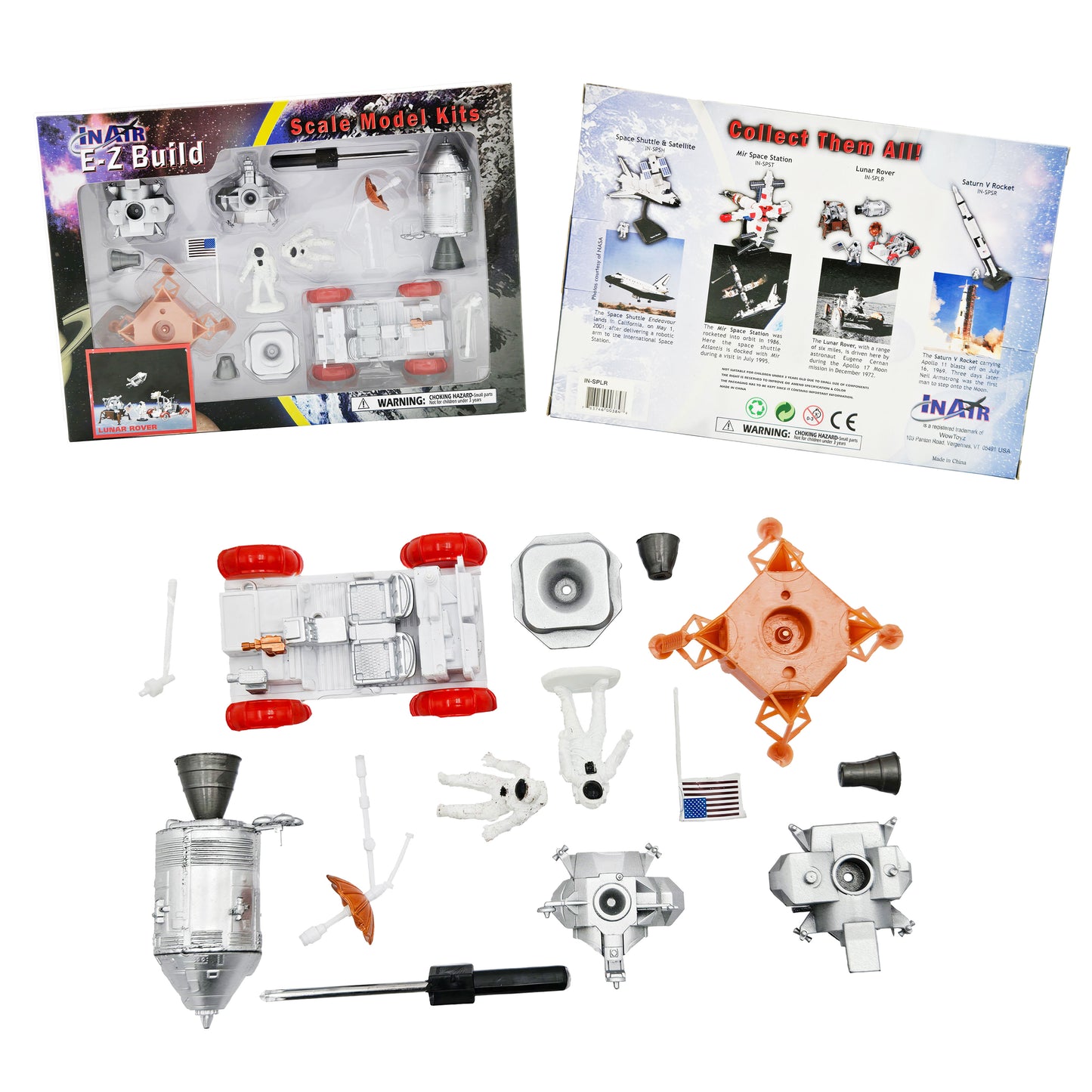 WowToyz® - E-Z Build™ Lunar Lander with Moon Rover Model Kit – Front Packaging, Back Packaging with Details, and Parts and Instructions