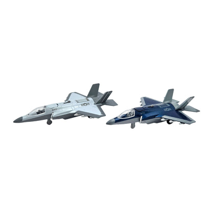 WowToyz F-35 Lightning II Pullback Jet – Angled Left View in Gray and Blue Variants