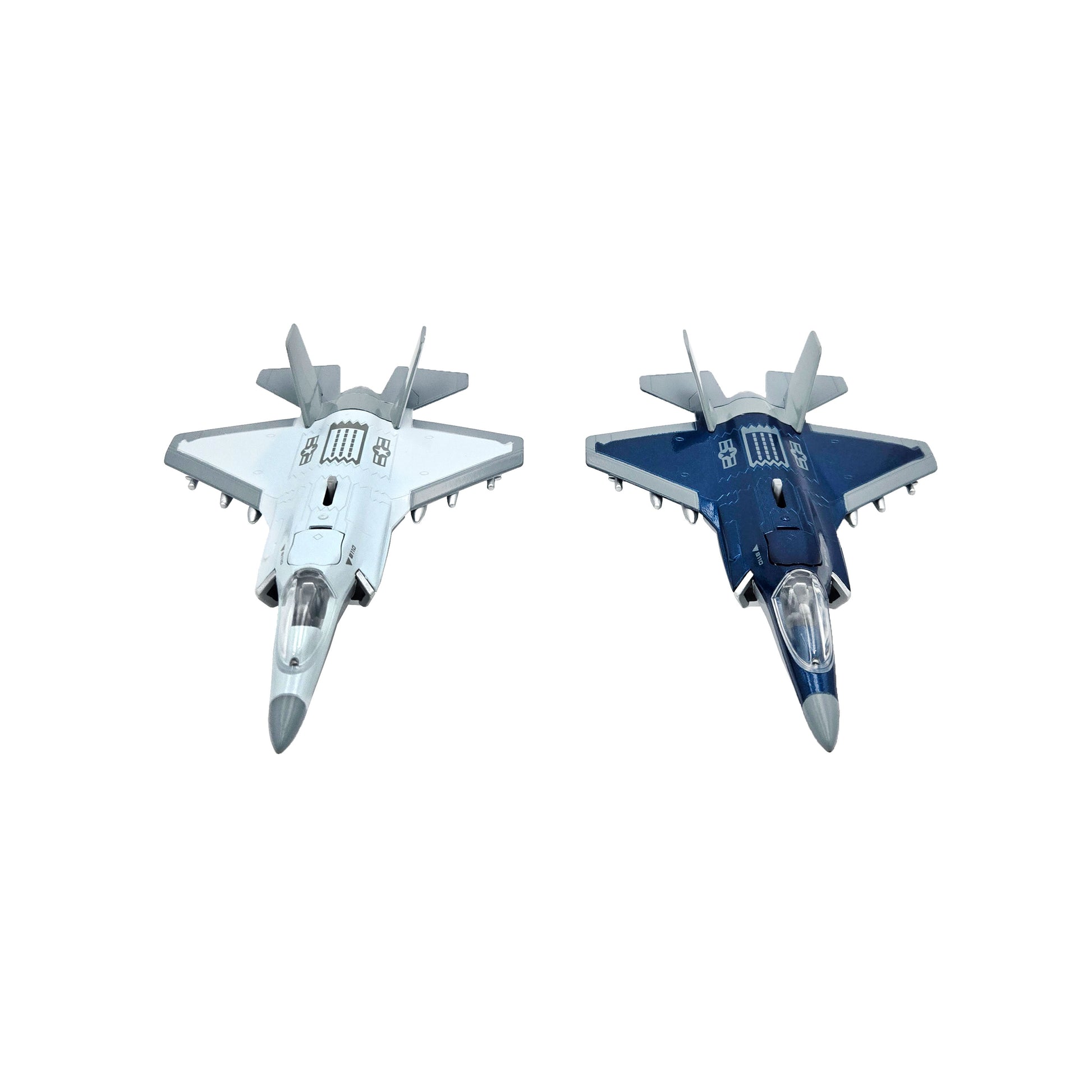 WowToyz F-35 Lightning II Pullback Jet – Front View of Gray and Blue Versions